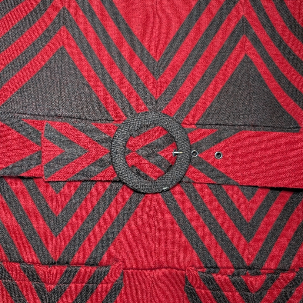 Alice + Olivia Geometric Wool Sweater Dress | Red Black | Belted Waist | Size M - Picture 7 of 9